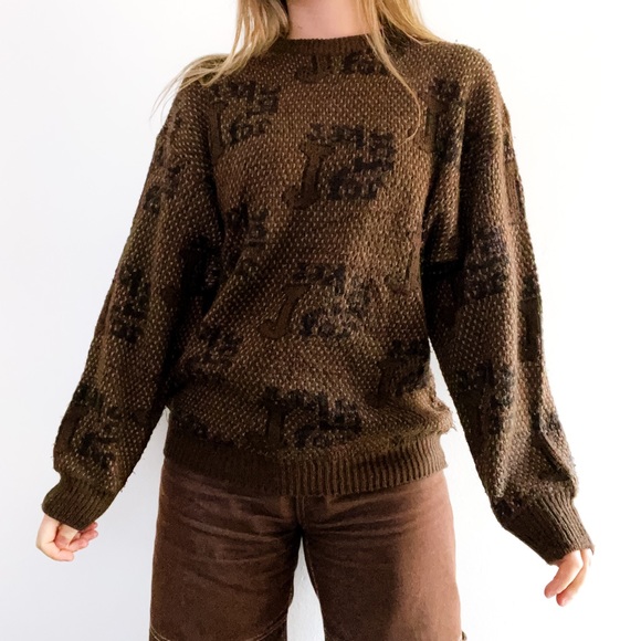 Vintage Brown J Print 1990s Knit Sweater • Beat for 8-12 - Picture 5 of 6